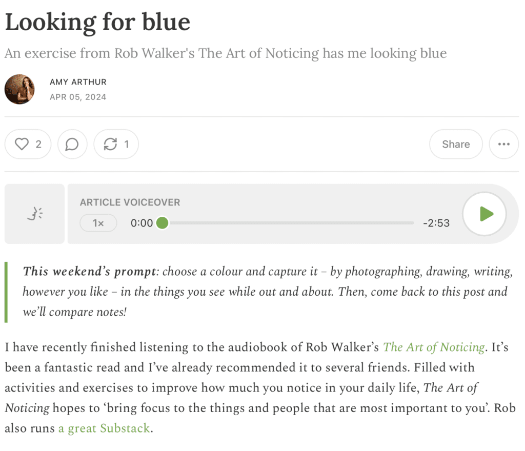 A screenshot of a newsletter by Amy Arthur called 'Looking for blue', that shows a section with the article voiceover at the top of the page, followed by the written article below.